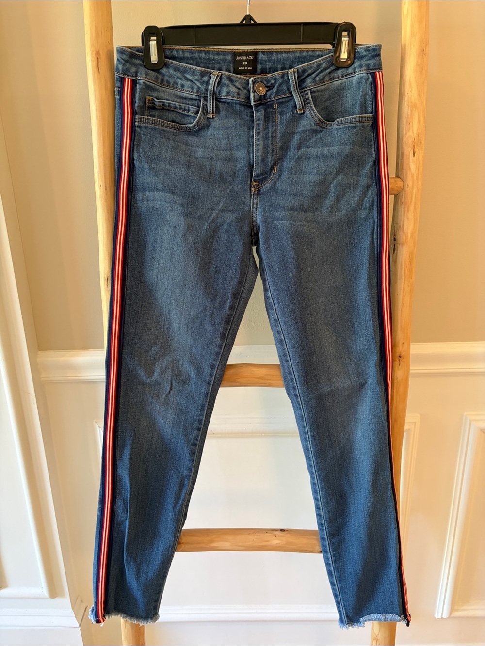 Just Black Medium Blue Skinny Jeans with Red & White Side Stripes